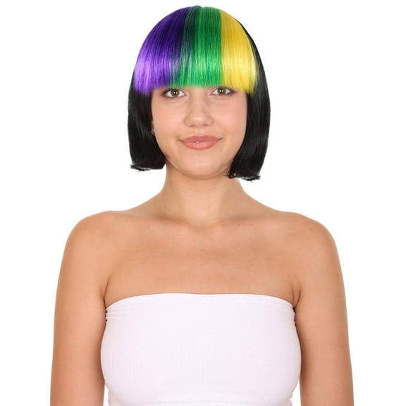 HPO | Women’s Mardi Gras Bob Wig | Multicolor | Fancy Cosplay Wig | Premium Breathable Capless Cap