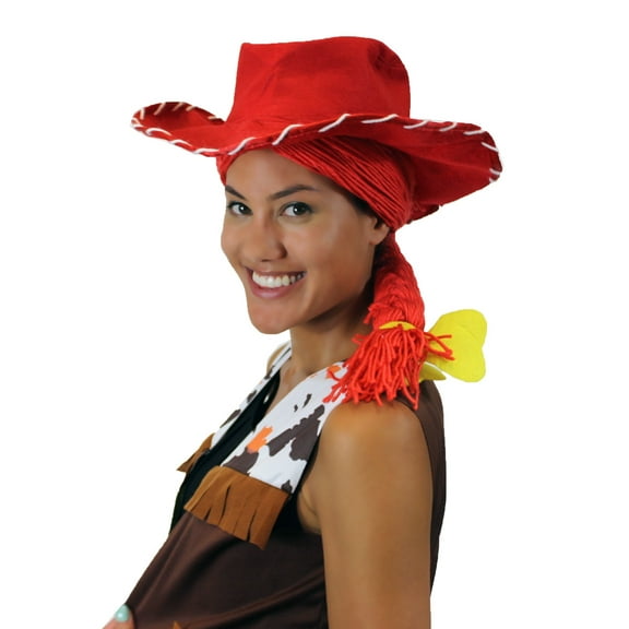 HPO | Womens Cowgirl Yarn-Braided Wig with Hat | Red Color Cosplay TV/Movie Wigs