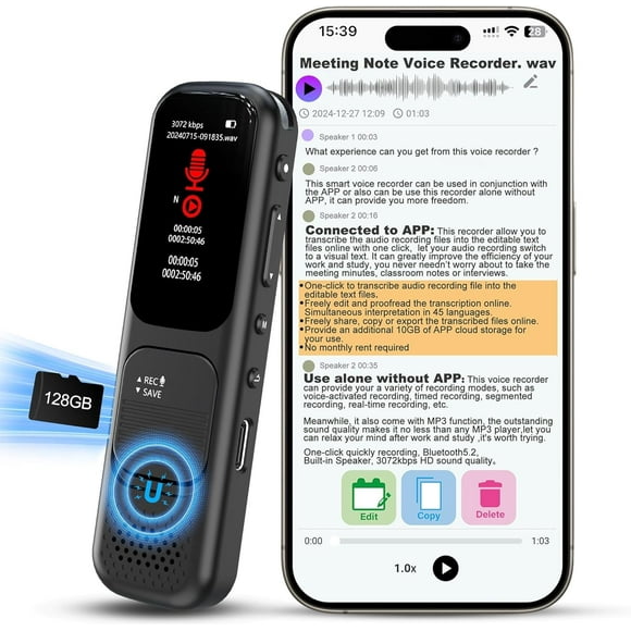 HPQ 128GB Digital Voice Recorder with App Control High-Quality 3072kbps Audio, 9360 Hours Storage, Transcription & Real-Time Translation.