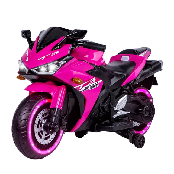 HPQ 12V Kids Electric Motorcycle Ride-On Bike with Bluetooth, LED Lights, Training Wheels, 3.2MPH, Gift for 3-6 Years Old Pink