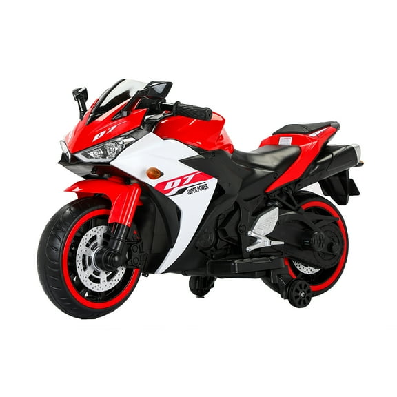 HPQ 12V Kids Ride-On Motorcycle, Electric Toy Bike with Bluetooth Music, LED Lights, Aux/USB, Forward/Reverse, Training Wheels, for 3-6 Years Old, Red