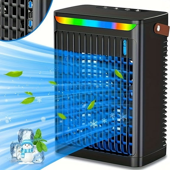 HPQ Portable Air Conditioner 5-In-1 Mini Fan, Evaporative Cooler And Humidifier, 3-Speed Fan, Personal Air Conditioner, Adjustable Rotating Fan, Timer And 7-Led Light.