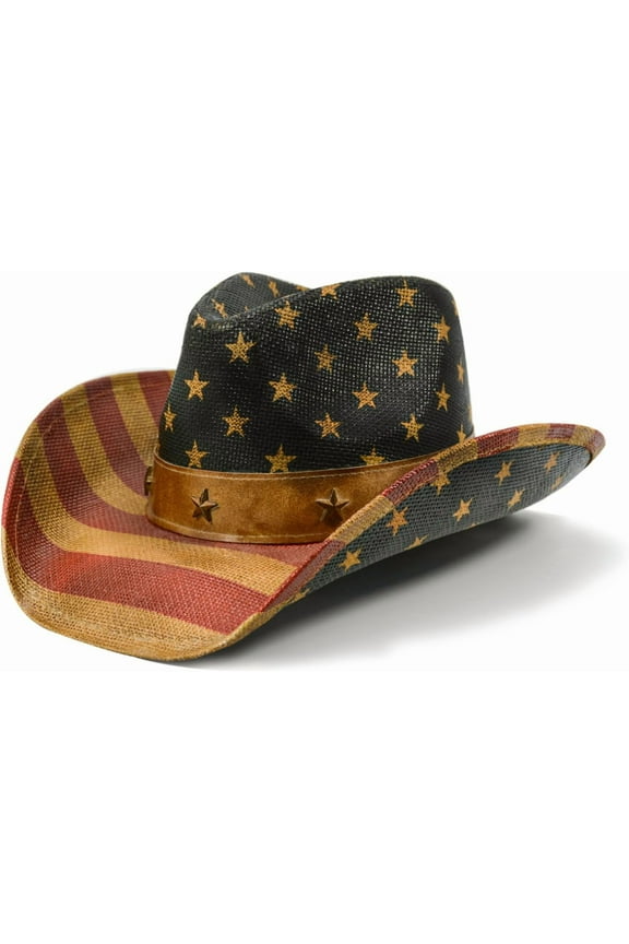 Vintage USA American Flag Cowboy Hat Classic Tea Stained Patriotic Western Cowgirl Hat with Shapable Brim.