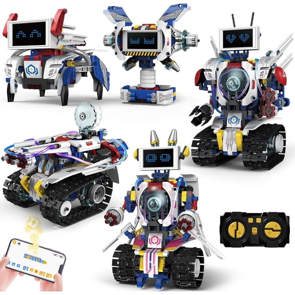 HPROMOT 5-in-1 STEM Robot Building Kit , Remote & App Controlled, Rechargeable Engineering Learning DIY Coding Toy, Educational Building Blocks Gift (603 PCS)