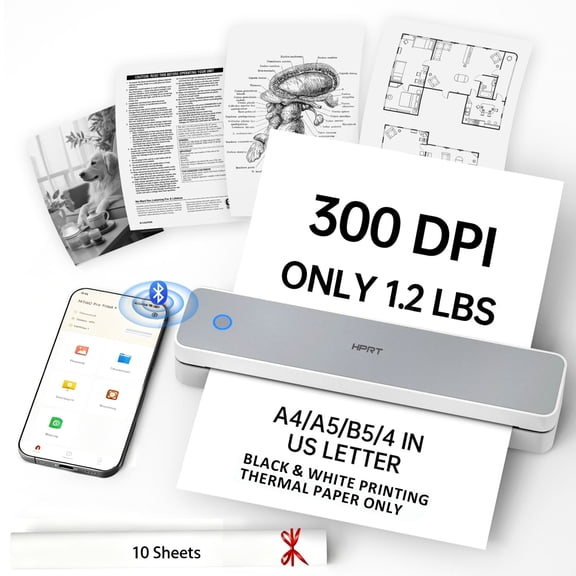 HPRT 610Pro Portable Thermal Printer - 300DPI Wireless Bluetooth Inkless Printer for Travel, Office, and Home, Supports US Letter & A4
