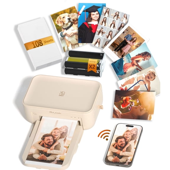 HPRT CP4100 4x6" Photo Printer with 108 Sheets & 2 Ribbons, 300DPI Dye-Sublimation Printer for iPhone and Android, AR Video Printing, Beige