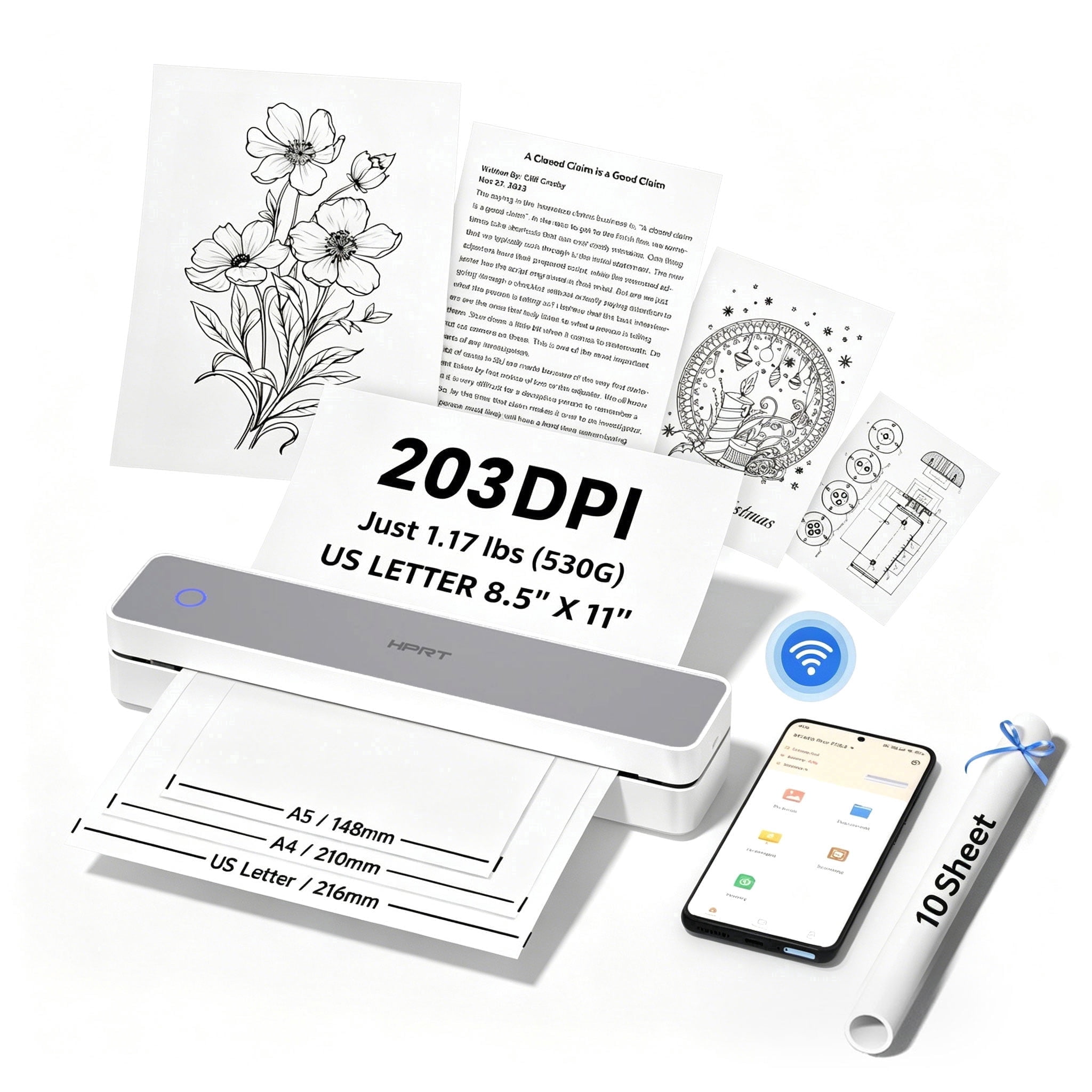 HPRT MT610 Inkless Portable Printer - Wireless Bluetooth Thermal Printer for Mobile Office & Travel, Compatible with iPhone/Android/PC, Supports US Letter & A4 Paper