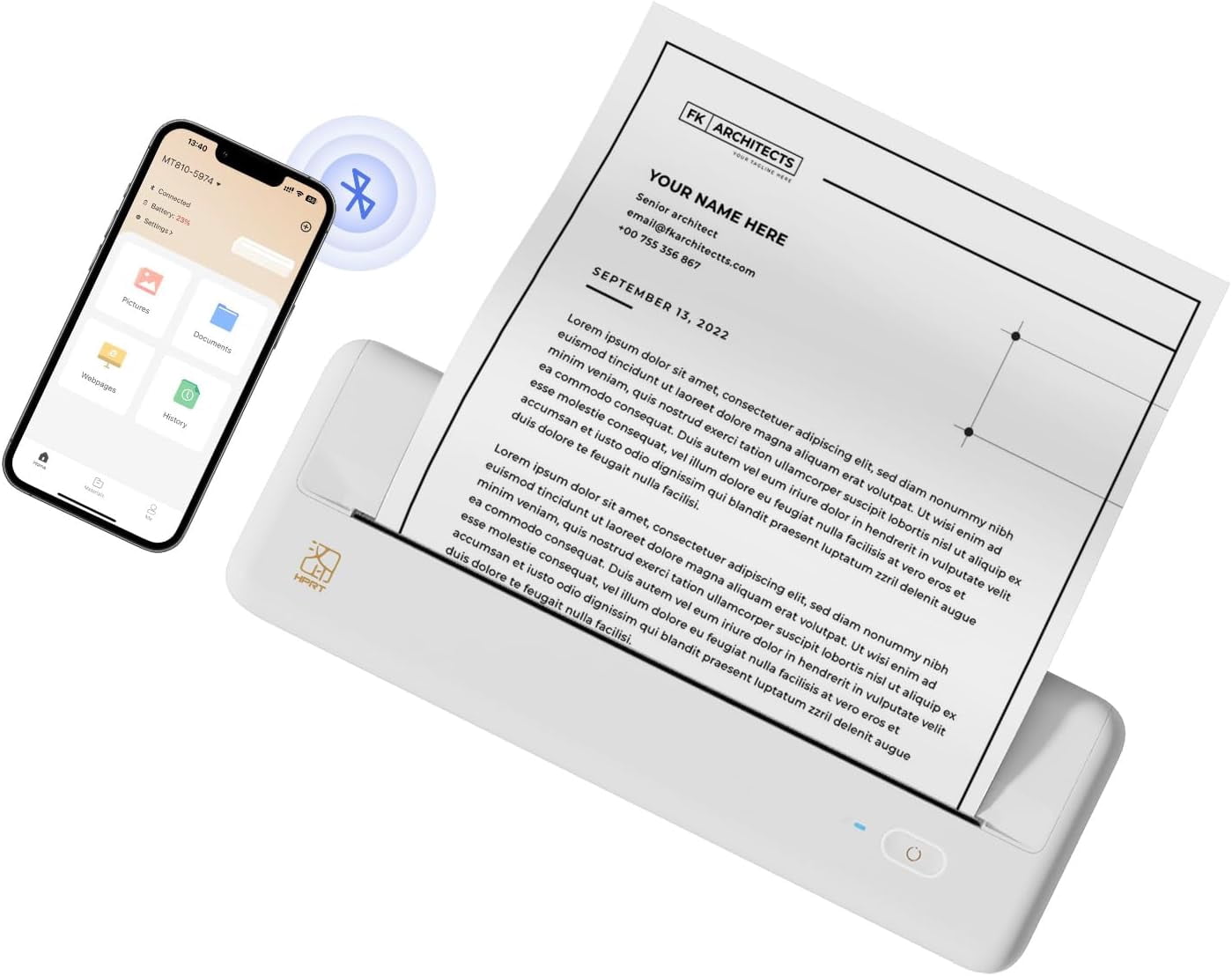 HPRT Wireless Portable Printers - A4 Thermal Printer, Monochrome for Travel, Mobile Office, School, Home - Bluetooth Printer Compatible with IOS Android Phone & Laptop