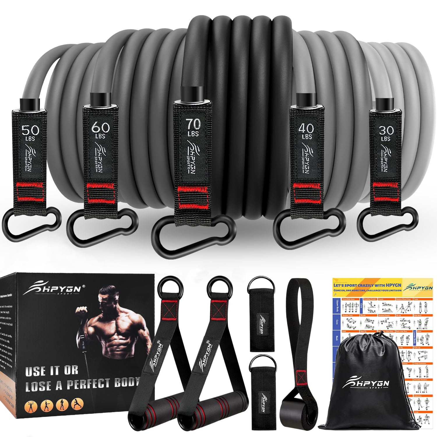 HPYGN 250lb Resistance Bands, Exercise Bands with Handles, Workout Bands with Door Anchor and