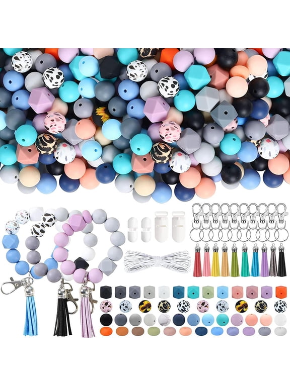 225Pcs Silicone Beads for Keychain Making Kits, 15mm Silicone Beads Bulk, Multiple Styles & Colorful Rubber Beads for Keychains Making DIY Necklace Bracelet Jewelry Crafts