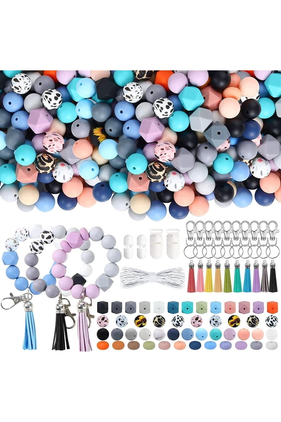 225Pcs Silicone Beads for Keychain Making Kits, 15mm Silicone Beads Bulk, Multiple Styles & Colorful Rubber Beads for Keychains Making DIY Necklace Bracelet Jewelry Crafts
