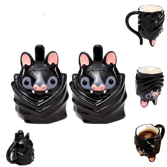 HPZZ Bat Upside Down Shaped Mug, 3D Cute Ceramic Coffee Cup with Tail Handle & Weighted Stable Base, Drinkware for Home, Office, Festival Gift, Dishwasher Safe