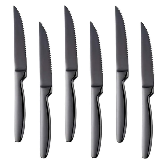 HPZZ Stainless Steel Serrated Steak Knife Set of 6,  Gold Color Heavy Duty Dinner Table Knives for Cutting Meat, Beef, 8.6 Inch, Dishwasher Safe