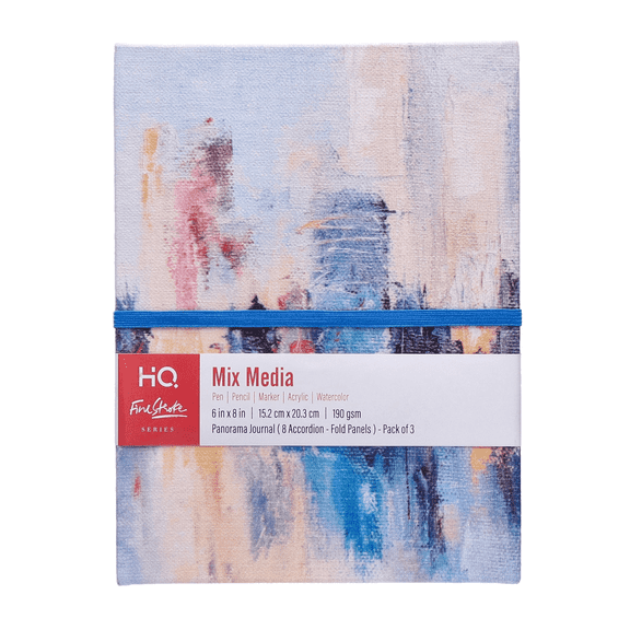 HQ Finestroke Panorama Mixed Media Journal, Zig Zag Fold Sketchbook, 6 x 8 inches, Accordion Art Book, Canvas Cover, Pack of 3