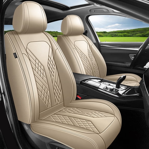 HQBQBUG Seat Covers Custom Fit for Kia Rio 2013-2025 2 Seats Waterproof Leather Car Seat Covers Protectors with Lumbar Support Beige,Front Set(2 Seats)