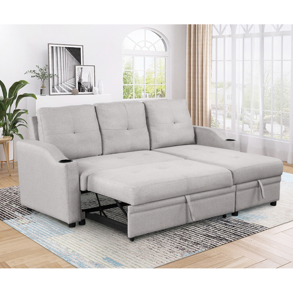 HQIT Gray Linen Reversible Sleeper Sectional Sofa with Storage Chaise ...