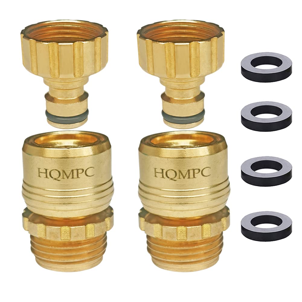 HQMPC Garden Hose Quick Connect No Pb Solid Brass Quick Connector Garden Hose Fitting Water Hose Connectors 3/4 inch GHT (2 Sets) C9