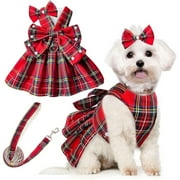 HQREA Christmas Dog Dress Clothing Plaid Holiday Puppy Costume Outfit with Leash Bow Pet Dress for Small Dogst Dress for Small Dogs