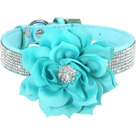 HQREA Cute Bling Rhinestone Dog Collar, Leather Girl Dog Collar with Flower for Wedding