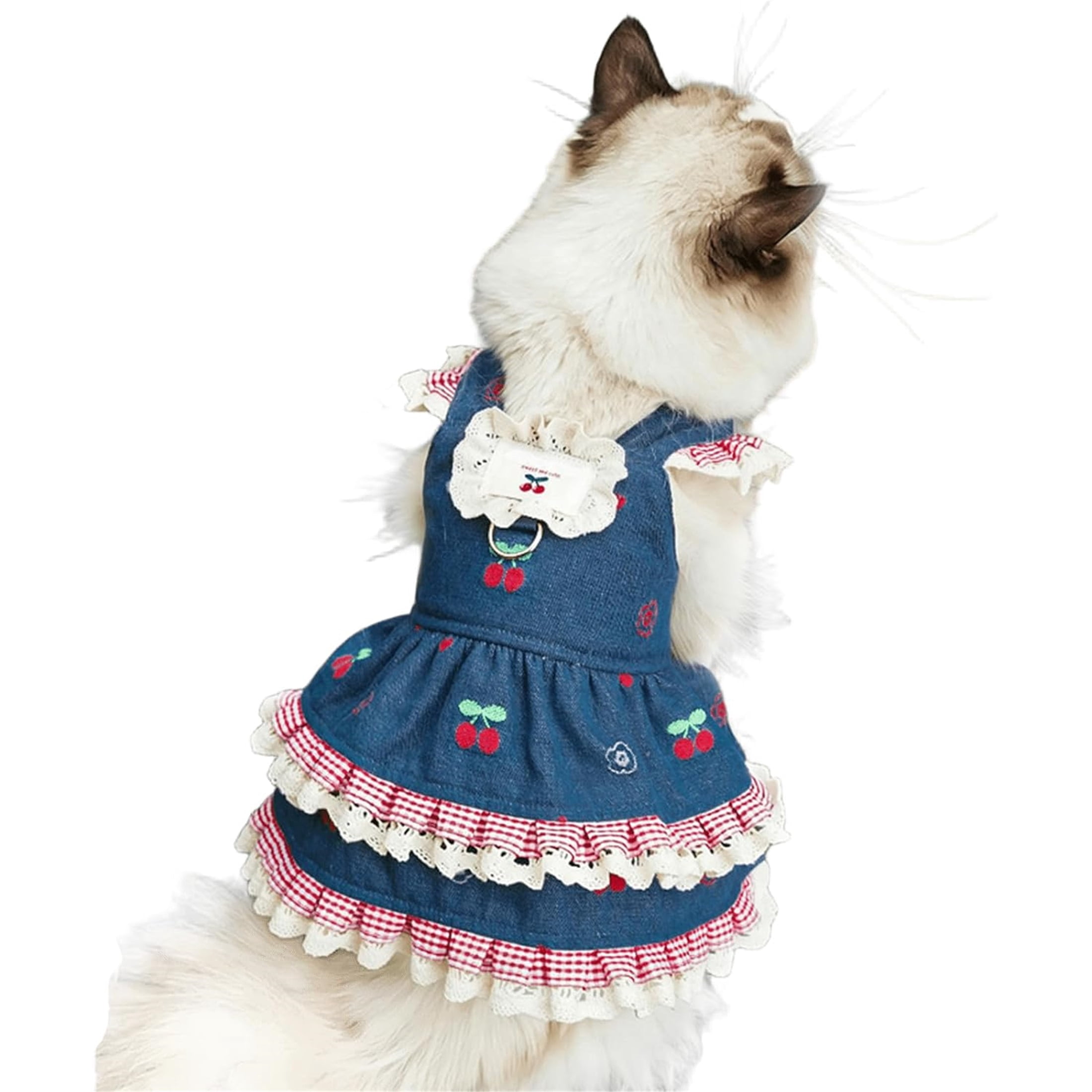 HQREA Denim Dog Dresses for Small Dogs Cats Blue Puppy Girl Clothes with Leash Ring Floral Female Skirt for Chihuahua Yorkie