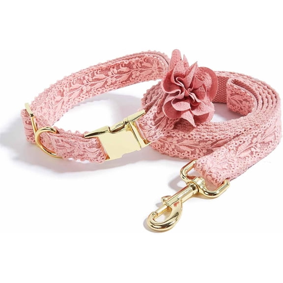 HQREA Dog Collar and Leash Set for Large Dogs Girl, Lace Dog Collar with Bowknot Flower for Wedding Birthday