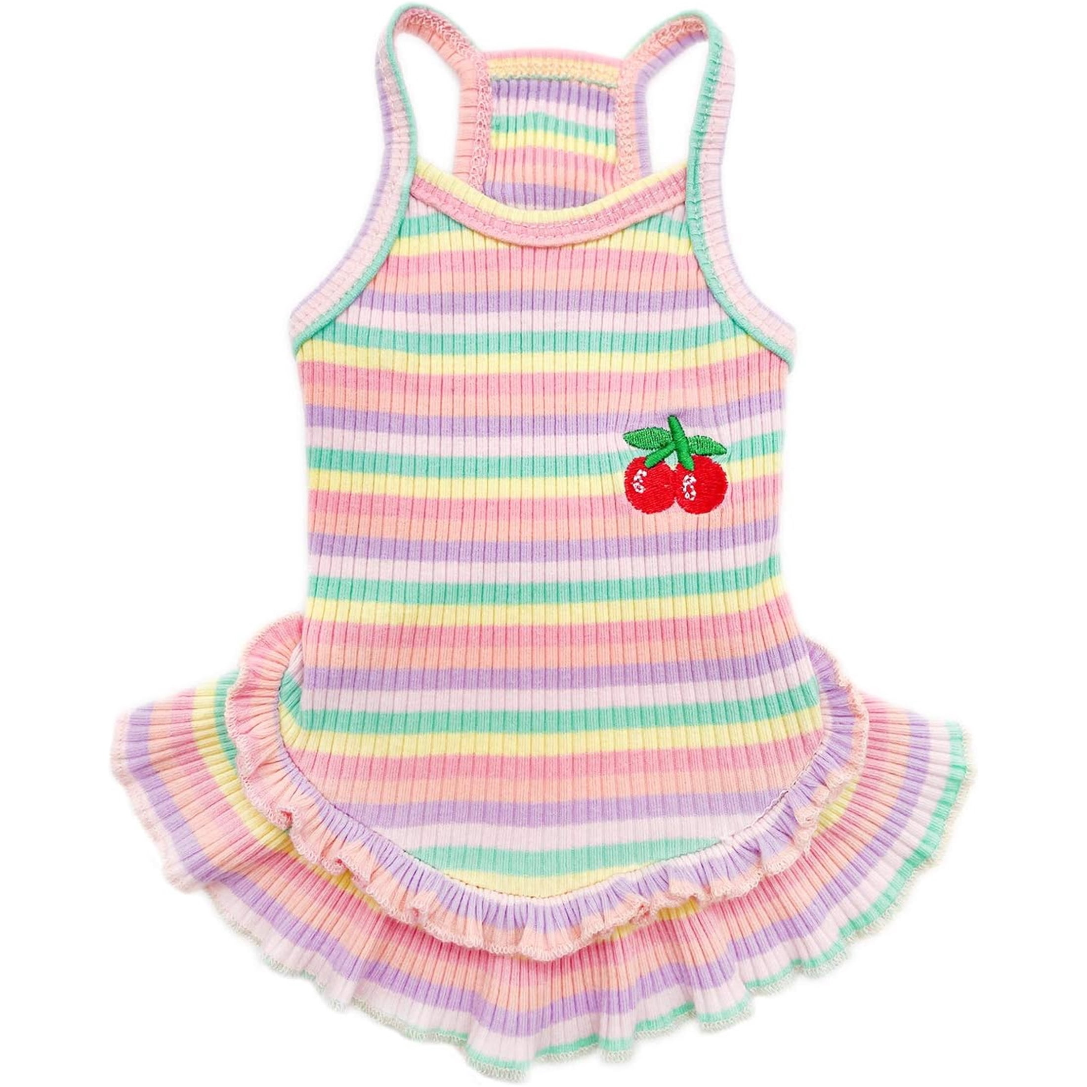 HQREA Dog Dress for Small Dogs Girl Birthday Clothes Puppy Summer Outfits Rainbow Striped Tutu Skirt Cat Chihuahua Yorkies Dresses