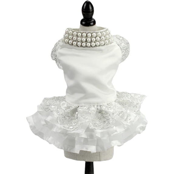 HQREA Dog Dresses for Small Dogs Girl Wedding Bride Dress Outfit with Pearl Necklace Princess Cake Skirt Formal Apparel