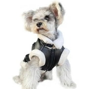 HQREA Dog Leather Motorcycle Jacket, Warm Fleece Dog Coat with D Rings Warm for Winter