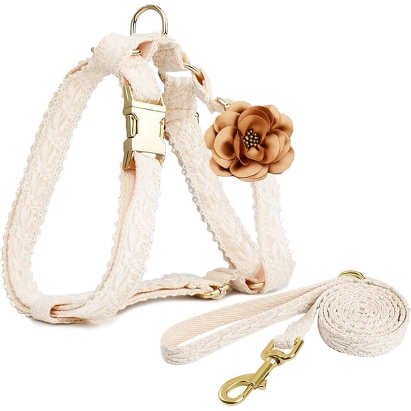 HQREA Embroidered Dog Harness and Leash Set, Easy Walk No Pull Dog Harness with Handle & Bow for Female Dogs