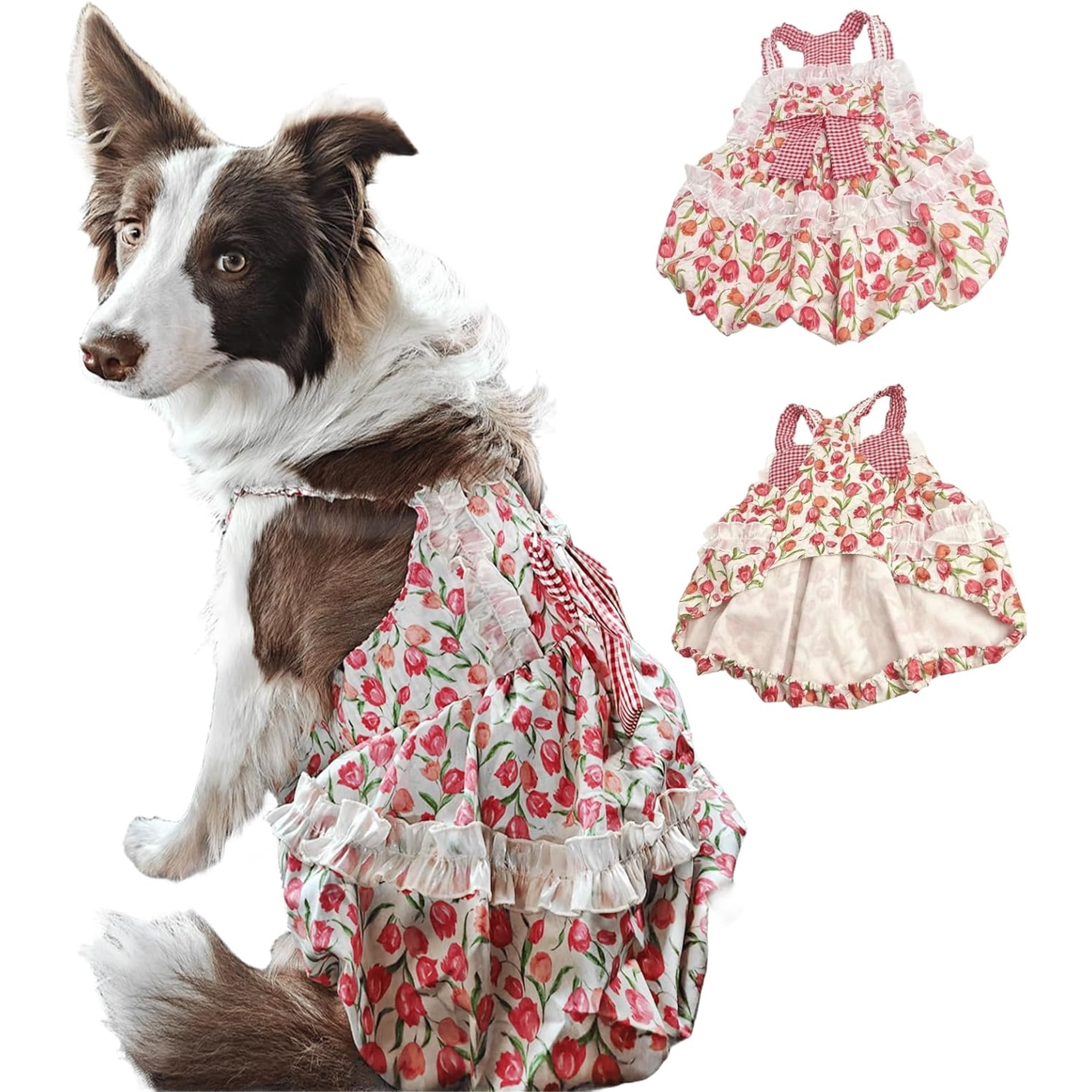 HQREA Floral Dog Dresses for Large Dogs Girls Valentine Outfits Princess Skirts Bowknot Summer Clothes for Holiday Birthday