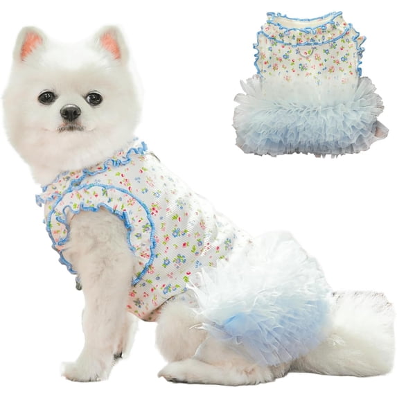 HQREA Floral Dog Tutu Dresses for Small Dogs Summer Clothes Female Cute Puppy Vest with D-Ring Holiday Birthday Outfits Cat Skirt