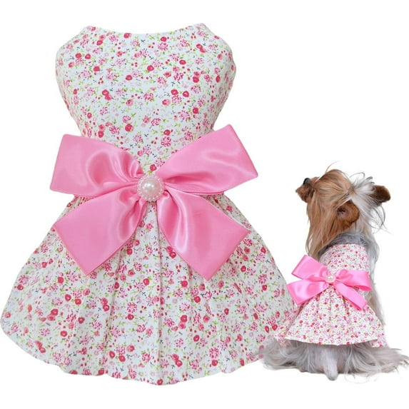 HQREA Floral Print Dog Dress with Satin Bow and Pearl for Small Dogs Girl, Cat Apparel