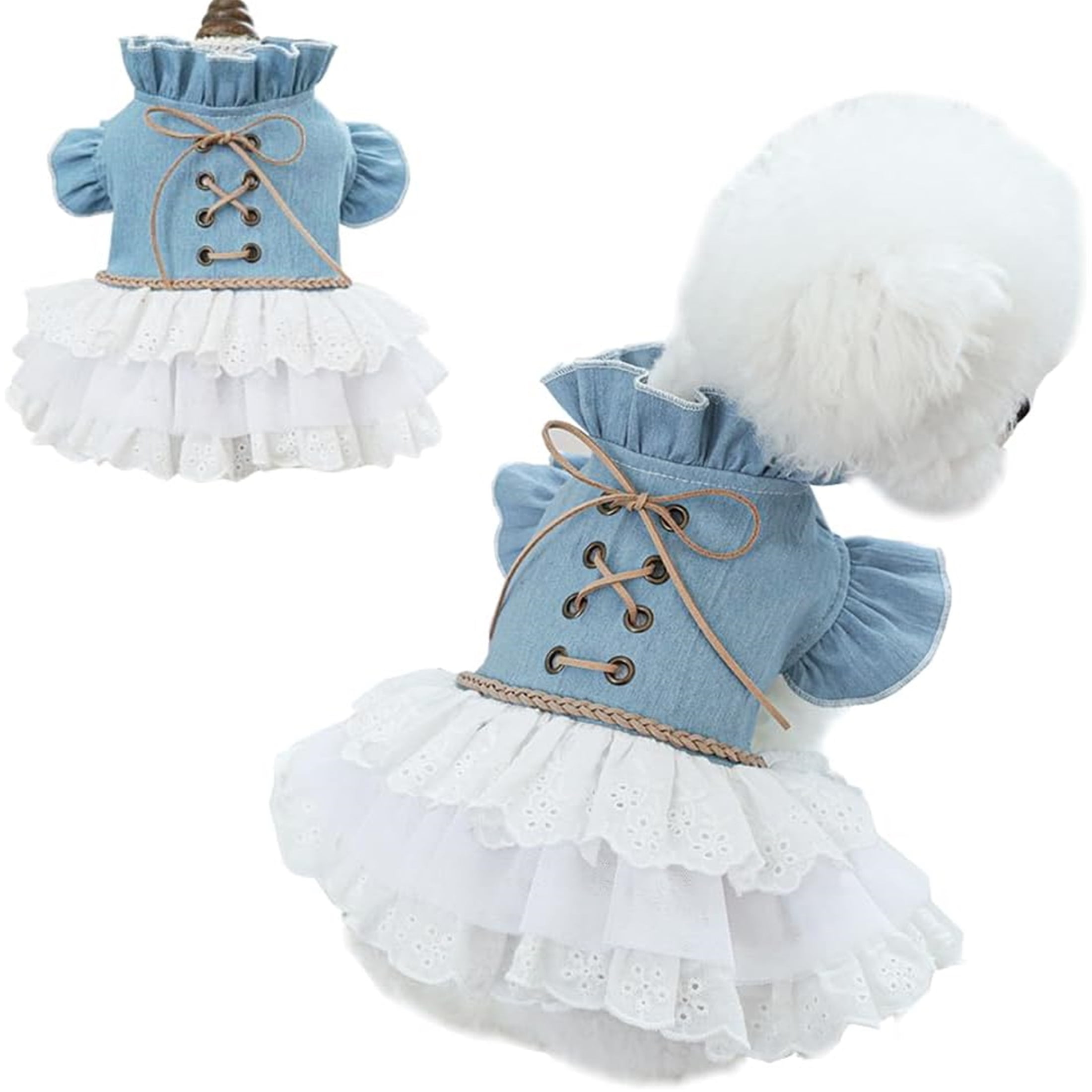 HQREA Girl Dog Denim Dress Sleeves Dog Jeans Jacket Puppy Clothes for Small Dogs Cat Apparel Cake Skirt Pet Outfit