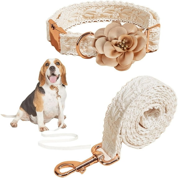 HQREA Lace Dog Wedding Collar and Leash Set for Large Dogs with Rose Gold Metal Buckle & Fashion Flowers for Party Birthday