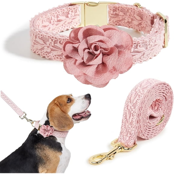 HQREA Lace Dog Wedding Collar and Leash Set for Large Dogs with Rose Gold Metal Buckle & Fashion Flowers for Party Birthday