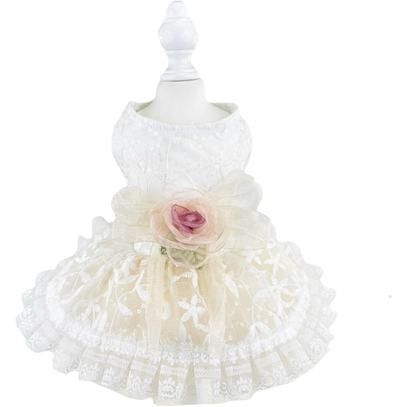 HQREA Luxury Rose Lace Dog Dress with D-Ring Pet Bride Costume Clothes for Small Dogs Wedding Party Dresses Apparel