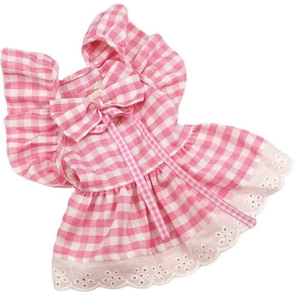 HQREA Medium Checkered Dog Dress with Bow & Lace for Small Dogs Polyester Cotton Summer Puppy Clothes
