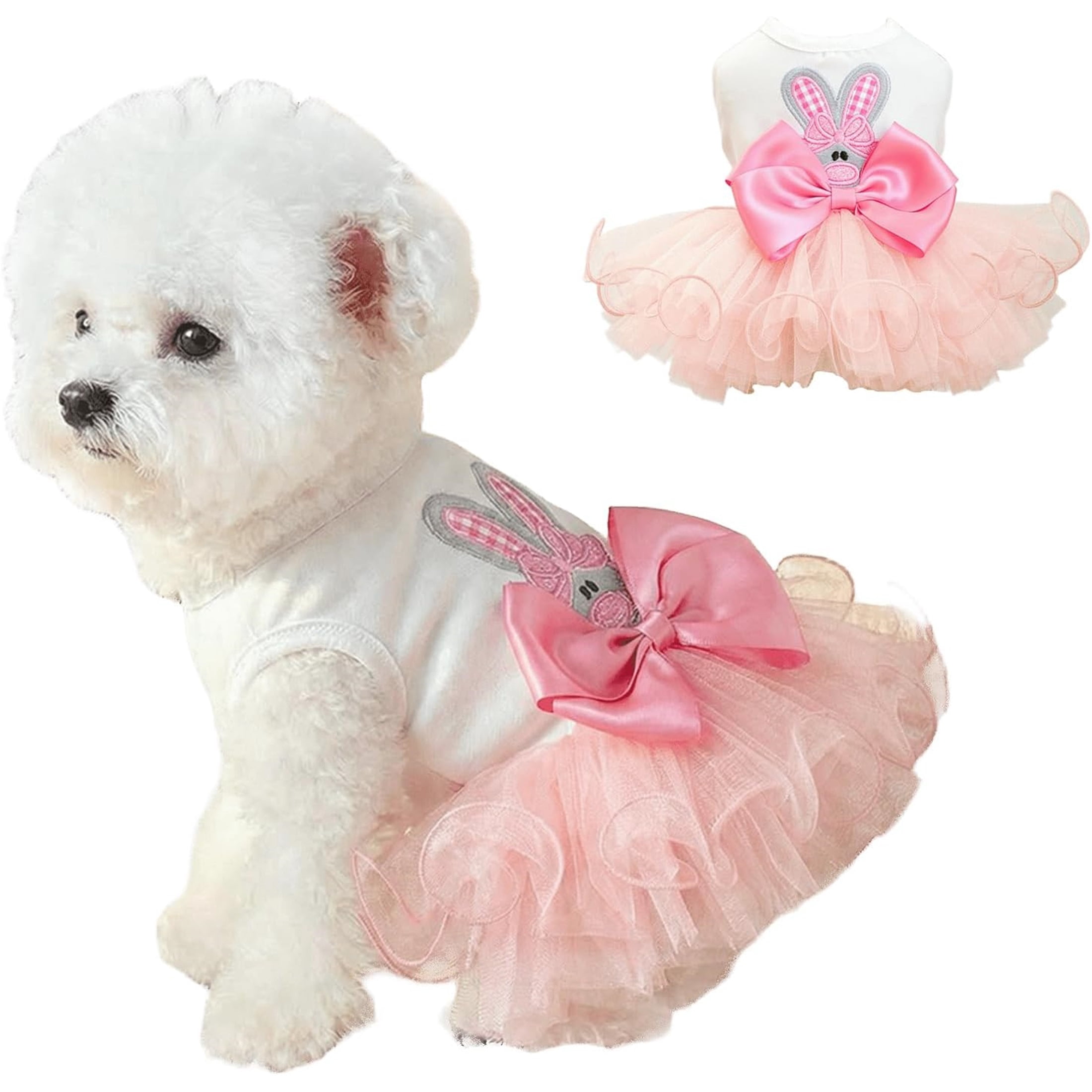 HQREA Pink Dog Dresses for Small Dogs Girl Spring Summer Puppy Clothes with Bow Pet Cat Princess Mesh Tutu Skirt Easter Holiday Outfits for Yorkie Chihuahua