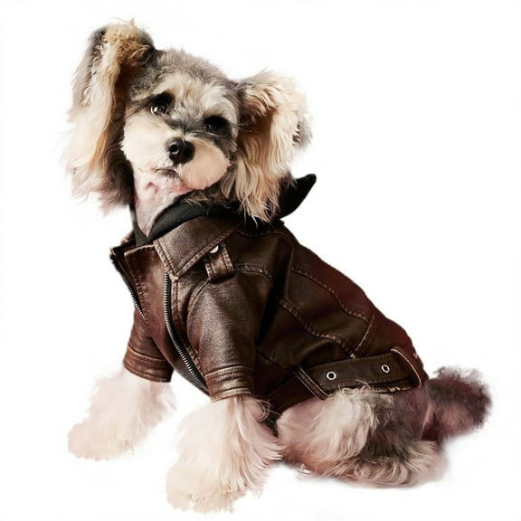 HQREA Puppy Leather Jacket Cute PU Motorcycle Brown Small Dog Coat for Chihuahua Yorkie