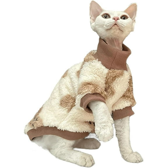 HQREA Sphynx Cat Turtleneck Sweater, Winter Warm Fleece Hairless Cat Shirt for Devon Rex