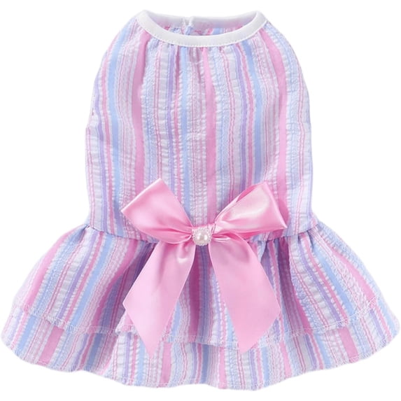 HQREA Striped Dog Dress Puppy Princess Dresses with Bowknot Sleeveless Girl Dog Clothes for Summer Pet Birthday Holiday Outfits