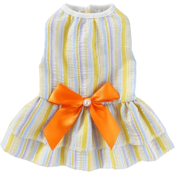 HQREA Striped Dog Dress Puppy Princess Dresses with Bowknot Sleeveless Girl Dog Clothes for Summer Pet Birthday Holiday Outfits