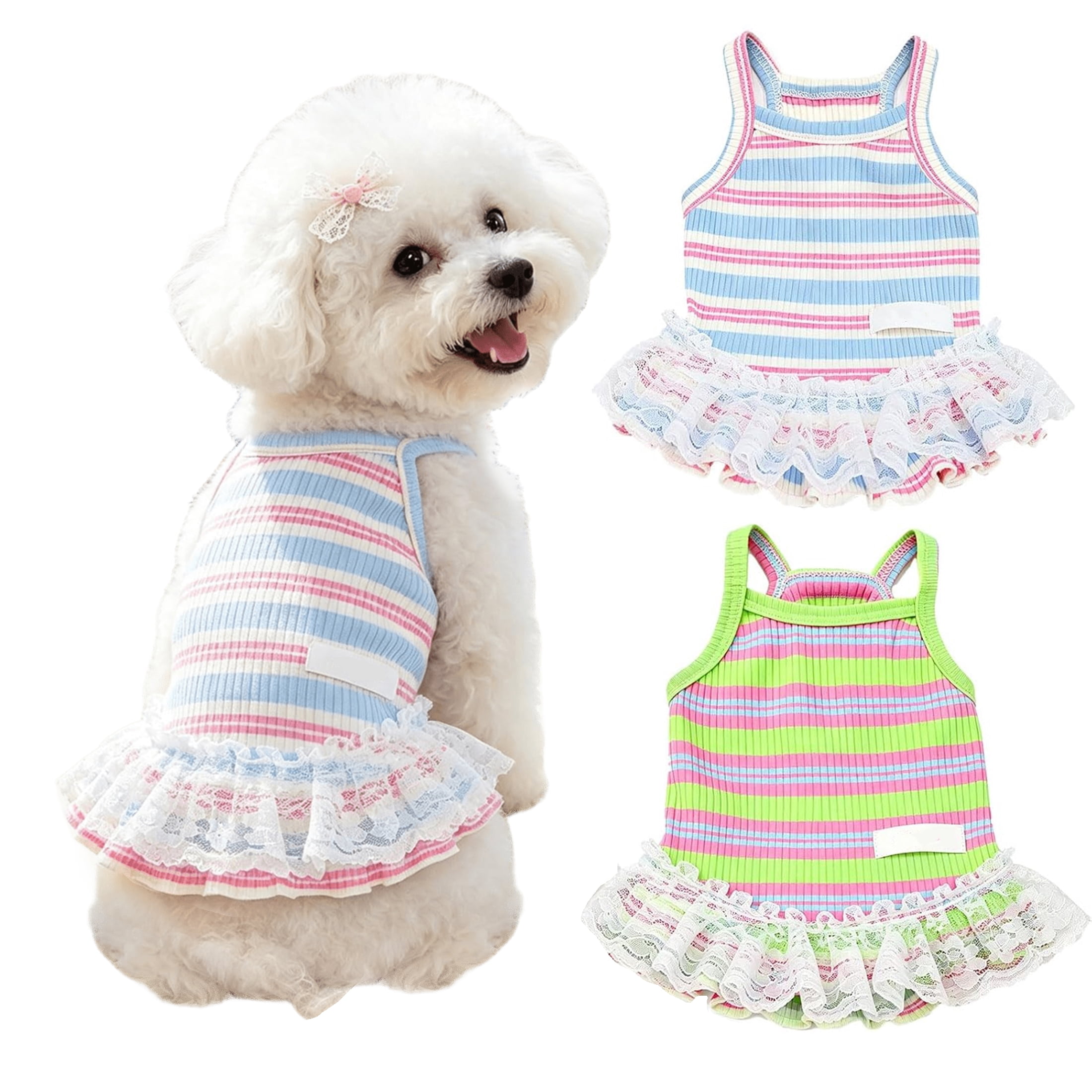 HQREA Striped Dog Shirts for Small Dogs Girl Cute Dog Dress Summer Puppy Clothes Pet Tshirt Skirt Outfits,2 Pack