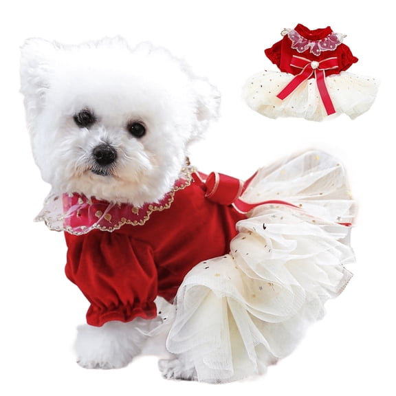 HQREA Sweet Dog Christmas Dress Outfits with Bow Tie Red Puppy Princess Tutu Dress Clothes