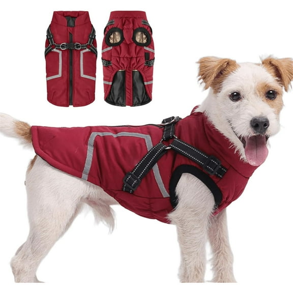 HQREA Winter Dog Coat with Harness Reflective Dog Vest Jacket Cold Weather Pets Clothes for Small Medium Dogs