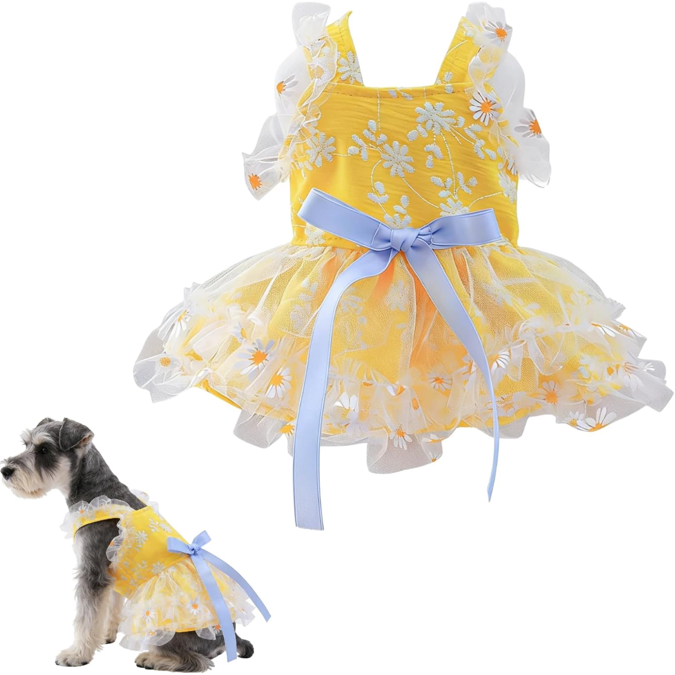 HQREA Yellow Daisy Small Dog Dress Summer Girl Dog Clothes Puppy Outfits for Wedding Birthday Party