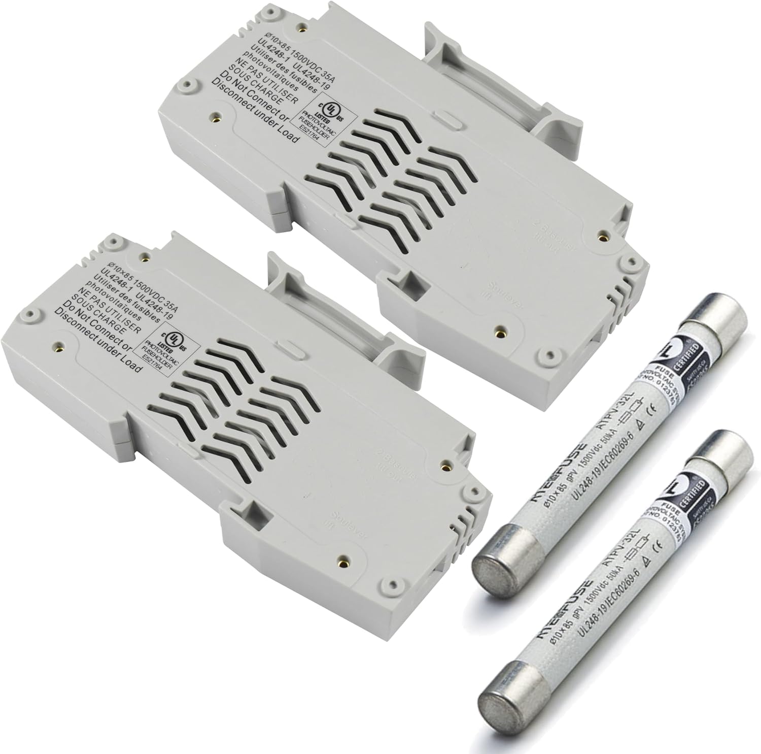 HQRP 2-Pack ATPV-63LD 1500VDC 35A 10x85mm Solar PV DIN Rail Fuse Holder with 10x85m 20A Fuse, UL Listed