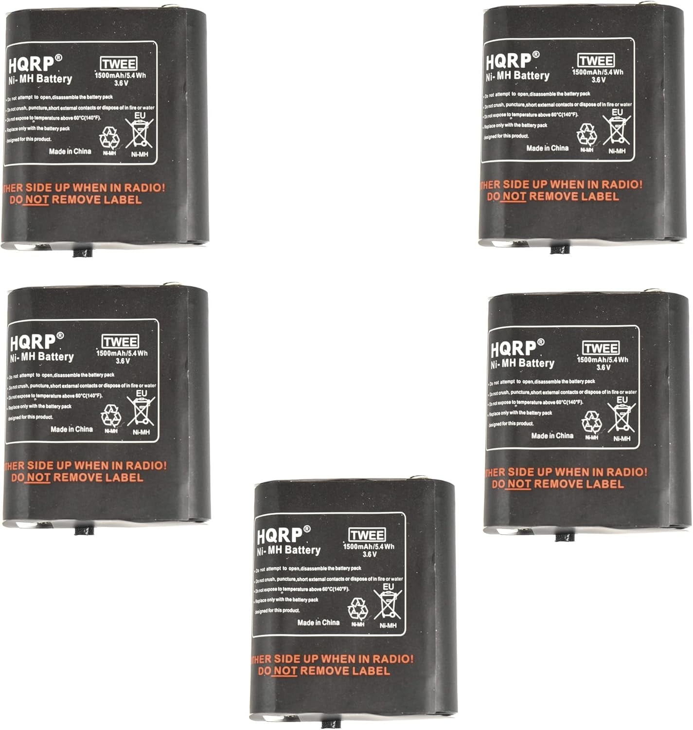 HQRP 5-Pack 1500mAh Battery Pack for Motorola 53615, KEBT-071-A, T5710, T5720, T5820, T5920, T5950, T6530, T6550, T8510, T8530, T8550, T8550R, T9650RCAMO, T9680RSAME Two-Way Radio