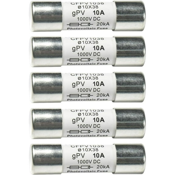 HQRP 5-Pack Solar PV Fast Acting Photovoltaic Fuse Link CFPV-1038, gPV type, 10 Amp 1000V DC, 10x38mm, 20kA IR, Replacement for Littelfuse SPF010, In-Line Midget Ceramic Fuses for Solar Power Systems