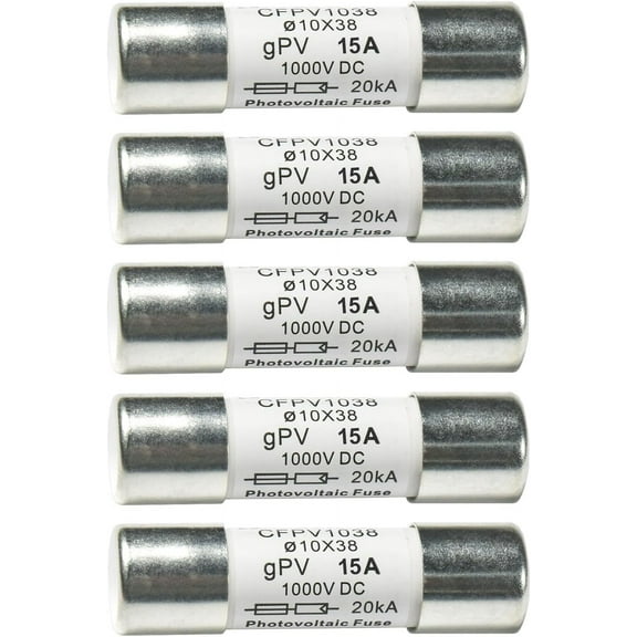 HQRP 5-Pack Solar PV Fast Acting Photovoltaic Fuse Link CFPV-1038, gPV type, 15 Amp 1000V DC, 10x38mm, 20kA IR, Replacement for Littelfuse SPF010, In-Line Midget Ceramic Fuses for Solar Power Systems